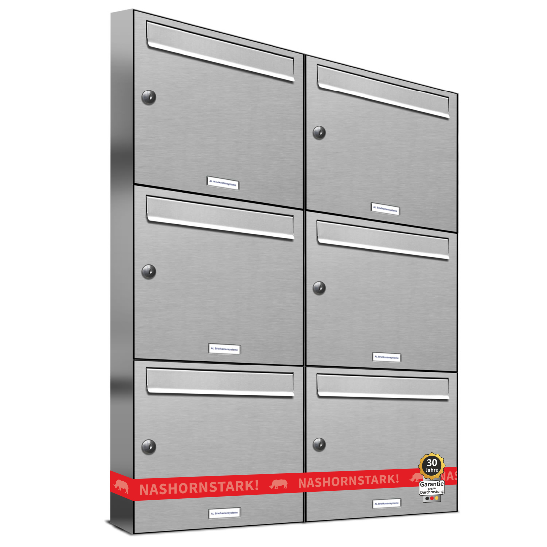 6er Briefkasten aufputz zur Wandmontage Bild: 6Fach Wandbriefkasten senkrechte Fäcker in Teiledelstahl