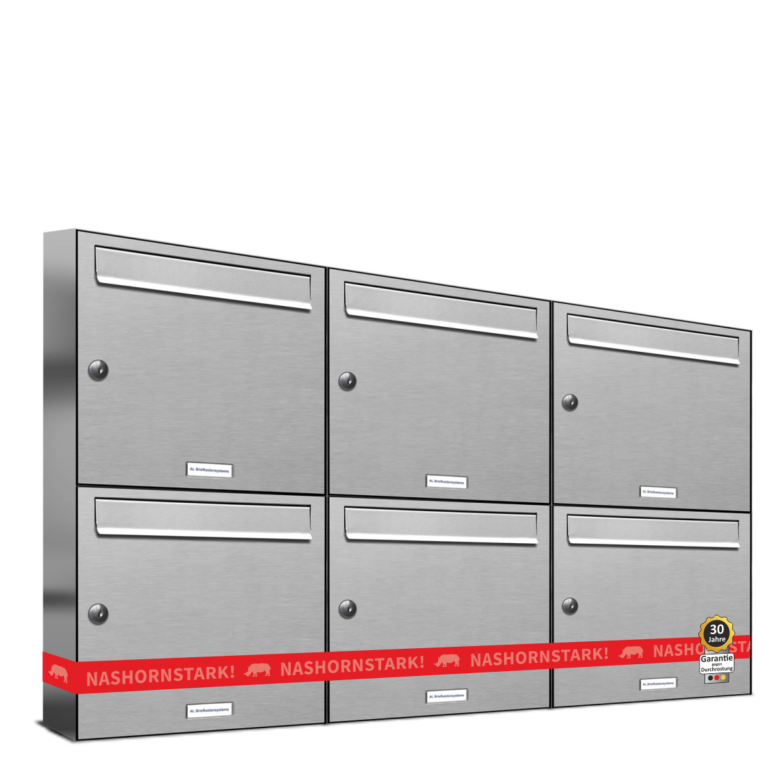 Briefkasten Aufputz, 6 Fächer senkrecht, Anordnung 3x2, in V2A Edelstahl Produktabbildung 6er Wandbriefkasten senkrecht