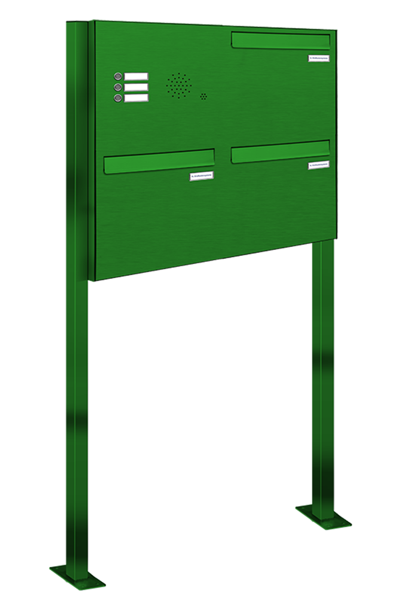 Durchwurf Standbriefkasten in Grün, 4 Fächer + Klingel 4er Durchwurf Standbriefkasten mit Klingel-Sprechanlage