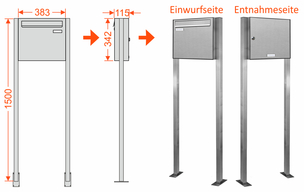 Durchwurf-Standbriefkasten mit Abmessungen und versch. Ansichten Vorder-, Seiten- u. Rückansicht Standbriefkasten Durchwurf + Maße