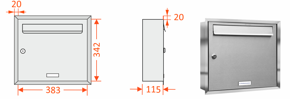 Unterputzbriefkasten senkrechte Bauform mit Abmessungen Ein Unterputzbriefkasten mit Fächern in senkrechter Bauform als schematische Illustration