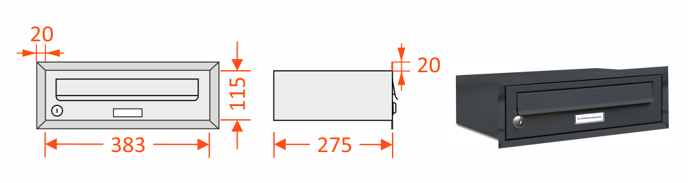 Unterputzbriefkasten, waagerechte Bauform, mit Abmessungen Unterputzbriefkasten mit Fächern in waagerechter Bauform als schematische Illustration